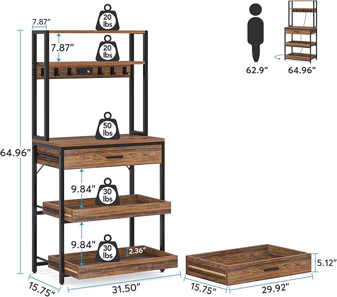 LITTLE TREE Kitchen Baker’s Rack with Power Outlets, Freestanding 5-Tier Microwave Stand with Drawers & Sliding Shelves, Coffee Bar with 6 Hooks for Dining Room Living Room, Rustic Brown