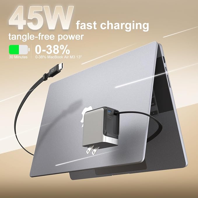 Retractable Charger 45W USB-C Charger GaN Fast Charger with 2.26ft Retractable Cable for iPhone 17/16/15/14/13 Series Galaxy S26/S25/24 Ultra Pixel iPad Space Silver