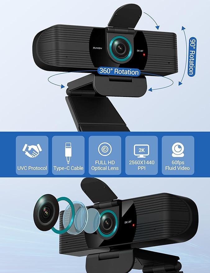 RUWBY QHD 2K Webcam with Built-in Dual Mics, Wide-Angle Lens, Privacy Cover, Tripod Stand, Autofocus PC Camera, Plug and Play for Desktop Computer or Laptop