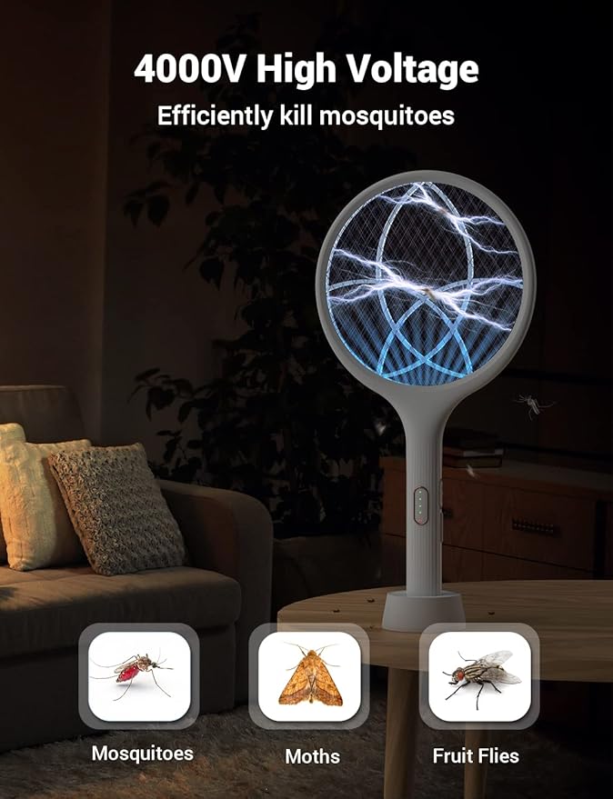 YISSVIC Electric Fly Swatter 4000V Bug Zapper Racket Dual Modes Mosquito Killer with Purple Mosquito Light Rechargeable for Indoor Home Office Backyard Patio Camping
