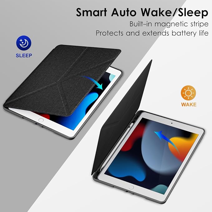 DTTO Foldable Case for for iPad 9th/8th/7th Generation 10.2-inch Black | Origami Magnetic Standing Cover with Pencil Holder，Vertical &amp Horizontal angles Auto Sleep/Wake