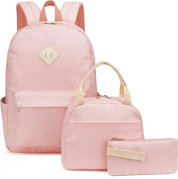School Backpack for Girls, 3PCS Bookbags Set with Lunch Box Pencil Pouch Elementary Middle School Bag Laptop Back Packs (Stripes Pink)