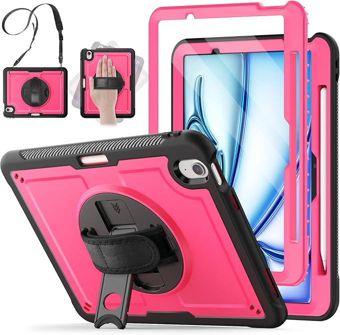SCSVPN Kids Case for iPad Air 11 Inch M4 2026 / M3 2025 / M2 2024 Heavy Duty Shockproof Silicone Protective Case with Pencil Holder-Screen Protector-Rotating Stand-Handle-Shoulder Strap (Blue+Red)