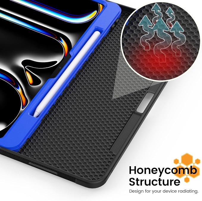 for iPad Pro 11 inch Protective Case M5 2025/M4 2024: Heavy Duty Shockproof Case with Pencil Holder - 360°Rotating Handle/Stand - Screen Protector - Shoulder Strap Black/Sky Blue