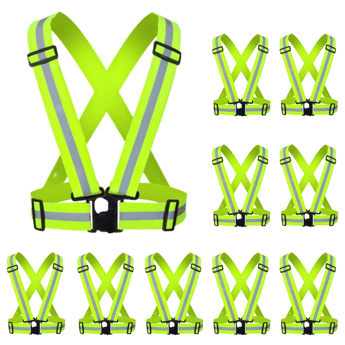 YUNLOVXEE Reflective Strap Safety Vest Gear - 2-10 Pack Adjustable High Visible Reflective Running Gear for Women Men Night (Green x10)
