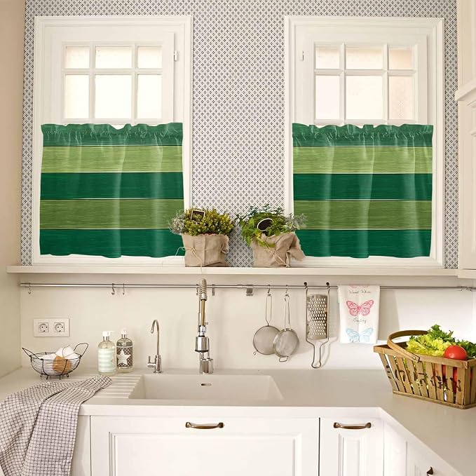 Farm Retro Green Wood Grain Window Valance Curtains, Rustic Wooden Plank