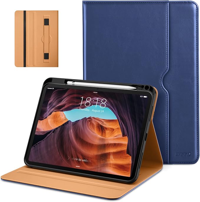 DTTO for iPad (A16) 11th Generation 11-inch &amp 10th Gen Case Brown | Premium Leather Business Cover with Pencil Holder Hand Strap &amp Pocket Corner Protection Auto Sleep/Wake for Work &amp