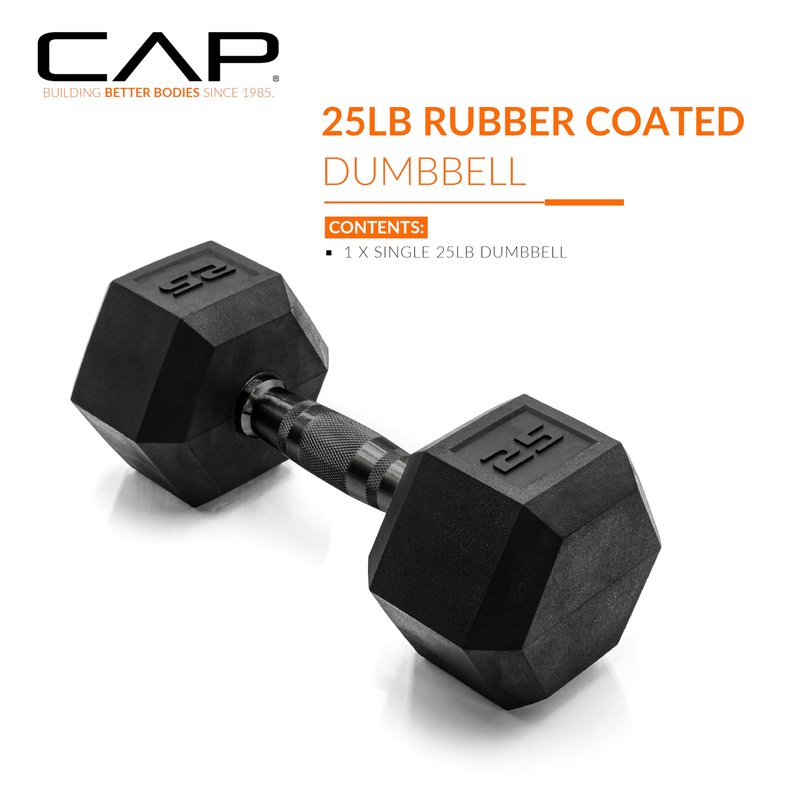 CAP 25 LB Rubber Coated Hex Dumbbell Weight, Rubber Free Weights for Home Gym Strength Training, Black Oxide Handle, Single