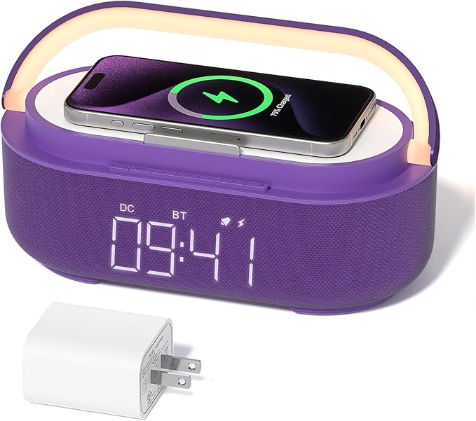 COLSUR Bluetooth Speaker Alarm Clock with Wireless Charger, FM Radio, Adjustable LED Night Light, 6 in 1 Bedroom Portable Speaker 2500mAh, Phone Stand for Bedside, Home, Office, Gift (Purple)
