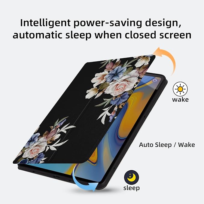 Premium PU Leather Cover for Samsung Galaxy Tab A 10.5 Inch 2018 Model SM-T590/T595/T597 Shockproof Protective Case with Folding Stand and Auto Wake/Sleep Black Flowers