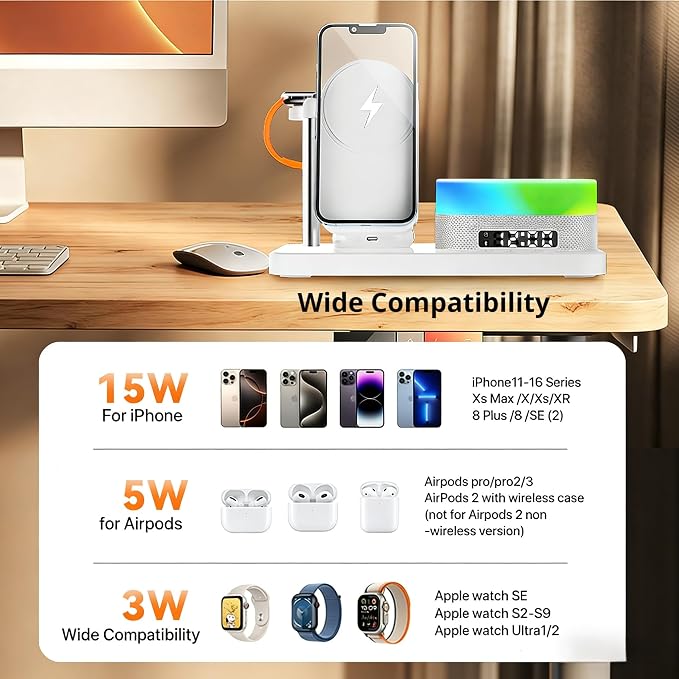 8-in-1 Desktop Charging Station with Bluetooth Speaker RGB Ambient Light Digital Clock Phone Stand Wireless Charger for Phone Watch and Earbuds Black/White (Black)