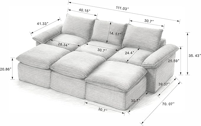 111" Cloud Sectional Couch, Corduroy Sectional Sofa with Ottoman, Boneless Couch with Deep Seat in a Box for Living Room, No Assembly Required (Dark Grey)