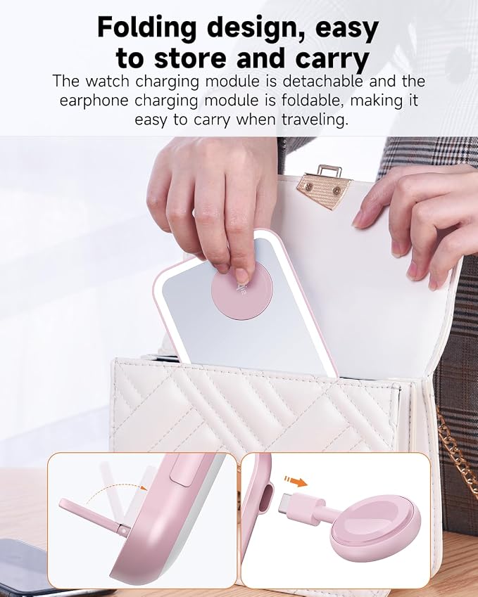 Tron 3 in 1 Qi Wireless Charger Mirror Pink Include led 6 ft Led Cable and 25w Power Adapter. Pink Color