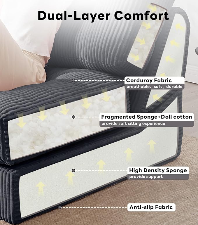 Tbfit 35.8‘’ Oversized Folding Sofa Bed, Convertible Sleeper Chair with Adjustable Back, Corduroy Folding Couch Bed, Portable & Foldable Boneless Floor Sofa for Living Room, Bedroom, Dark Grey
