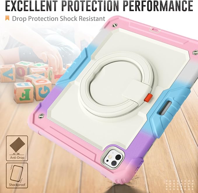 for iPad Pro 11 inch Protective Case M5 2025/M4 2024: Heavy Duty Shockproof Case with Pencil Holder - 360°Rotating Handle/Stand - Screen Protector - Shoulder Strap Black/Sky Blue
