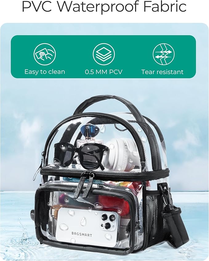 BAGSMART Stadium Approved Clear Bag 12"x6"x12", Double Deck Lunch Box, Convertible to Backpack, Waterproof PVC, Black