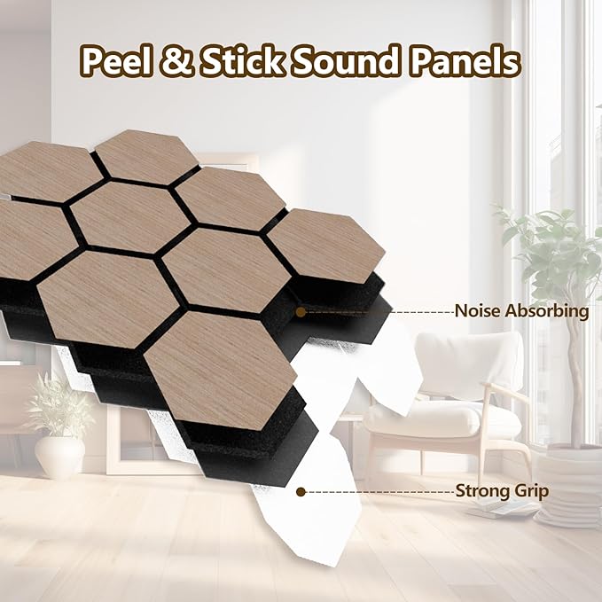 Hexagon Acoustic Wall Panels, Self-Adhesive Sound Absorbing Wall Panel by ARMURO, 4 Pack Covers 19.27 Sq Ft, Peel and Stick Noise Reducing for Home Office Studio Bedroom Wall Decor