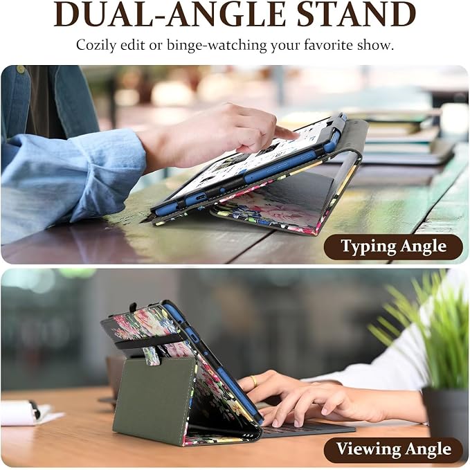 Fancity Case for Kindle Fire HD 10/10 Plus 13th/11th Generation 2023/2021 | Premium PU Leather Protective Case with Adjustable Angles Auto Wake/Sleep Hand Strap for Fire HD 10/10 Plus Black Floral