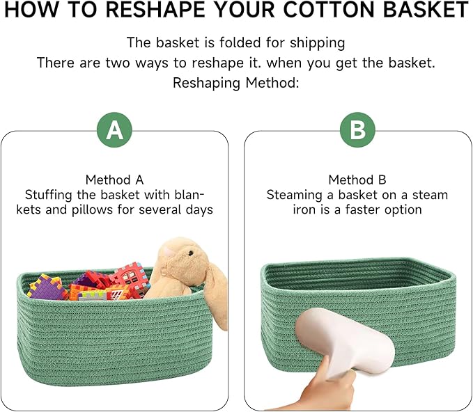 Small Storage Baskets for Organizing | Closet Organizer Bins | Shelf Toy Basket | Woven Rope Baskets | Cube Decorative Box | Shallow Basket | 13x8.5x5.1” | 3 Packs Green