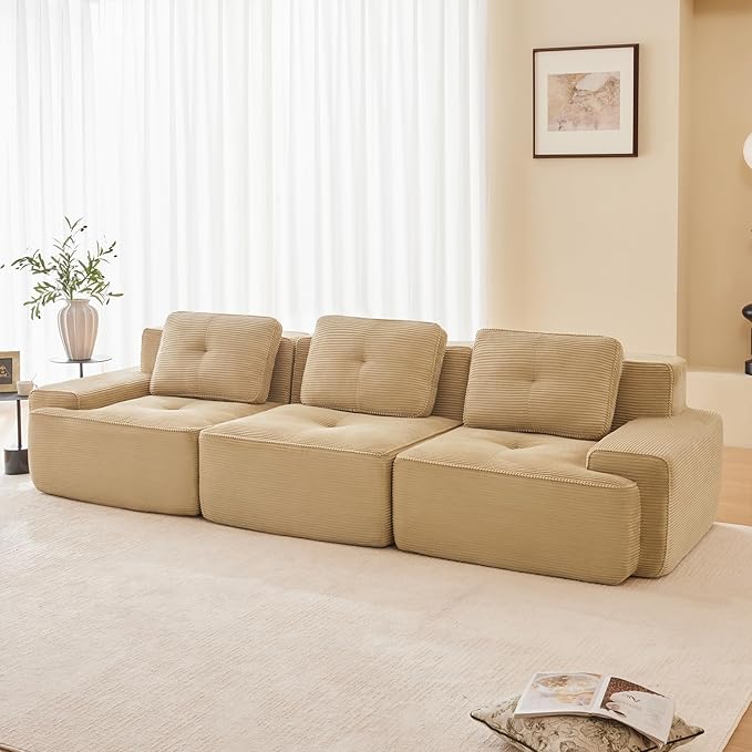 115" Modern Compressed Boneless Couch, 3 Seater Sectional Couches for Living Room, Camel Corduroy Cloud Modular Sectional Sofa, Comfy Memory Foam, Extra Deep, Sofas para Sala, No Assembly