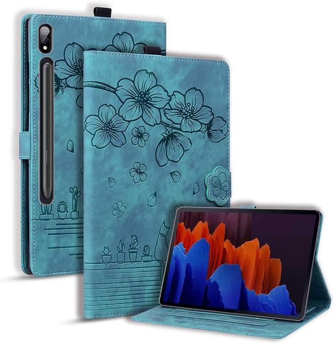 Dteck Case for Samsung Galaxy Tab S9 FE+ Plus 5G Tablet Case 12.4 2023 with Pencil HolderPU Leather Embossed Flower Cat Folio Multi-Angle Viewing Stand Shockproof Protective Tablet 12.4 CoverBlue