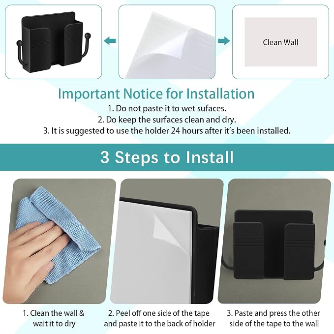 Jetec 6 Pcs Wall Mount Phone Holder Self-Adhesive Wall Beside Organizer Storage Box Plastic Charging Phone Stand Remote Brackets Holder for Bedroom (Black)