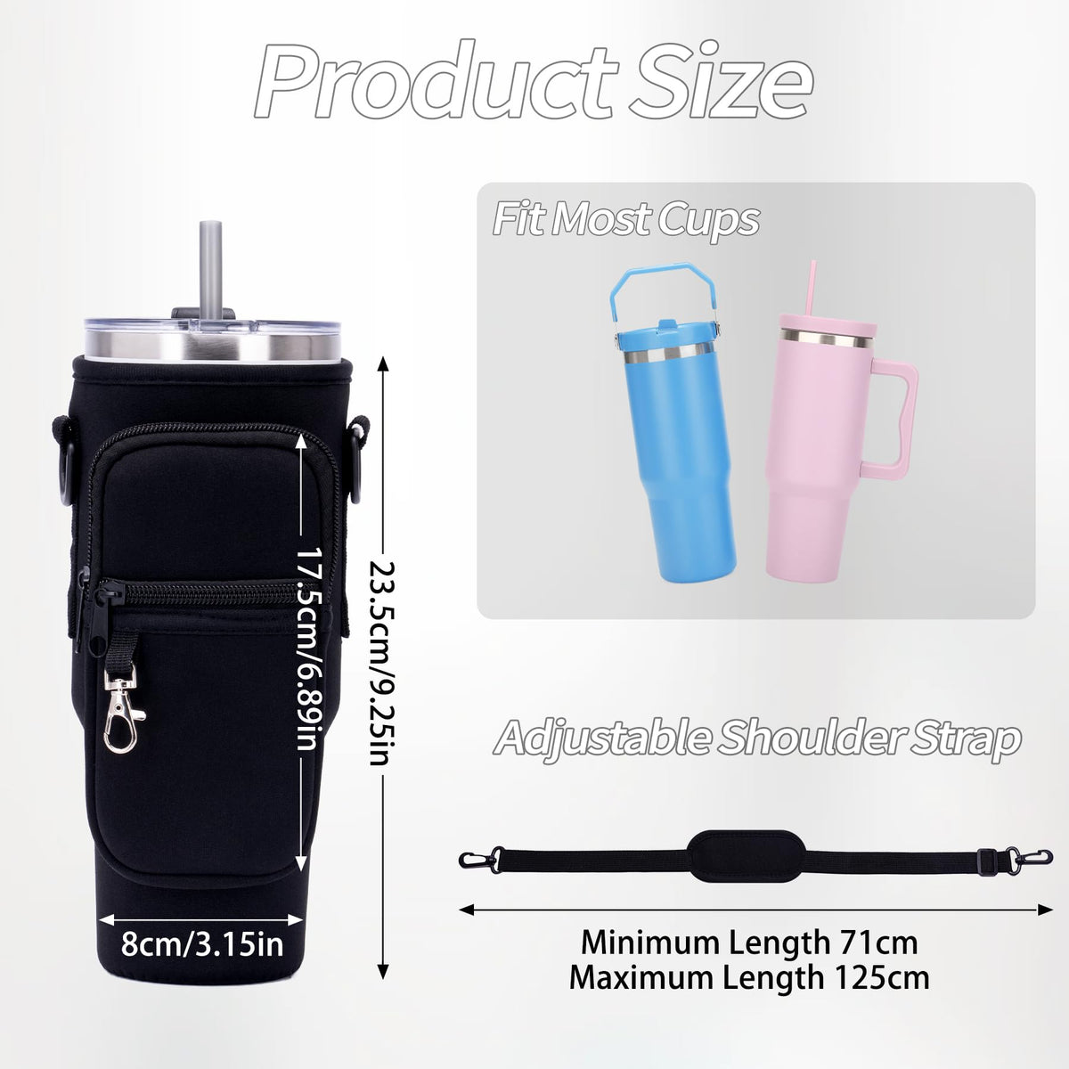 Toptime Water Bottle Carrier Bag with Phone Pocket for Stanley Cup 40 oz, Water Bottle Holder with Adjustable Shoulder Strap, Neoprene Stanley Cup Accessories for Hiking Travelling Camping (Black)