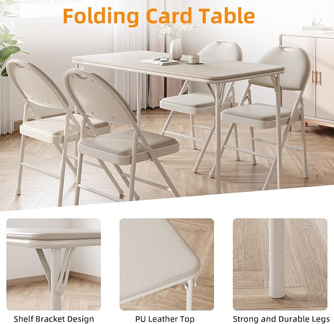 IDEALHOUSE Protable Folding Table and Chairs, 5 Piece Folding Card Table and Chairs Set, Foldable PU Upholstered Table and Chairs Set of 5, for Dining Room, Living Room, Office, Camping, Beige