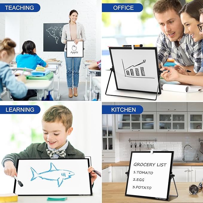 TSJ OFFICE Small White Board - 12 X 12 Inches Small Magnetic Dry Erase Board with Hooks for Wall, Desktop Whiteboard Stand 360 Degrees Revolving Double Sided for Office, Home, School, Black