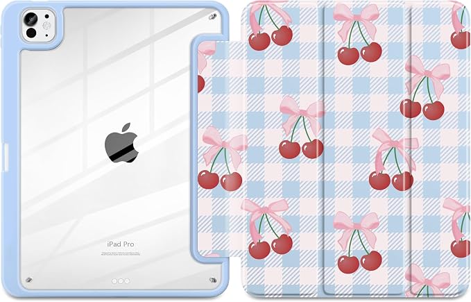 DONGKE for iPad Pro 11-Inch Case (M5 2025 / M4 2024) 6th/5th Generation [Auto Sleep/Wake &amp Pencil Pro Holder] Clear Acrylic Back Smart Trifold Stand Cover Bear &amp Cherry