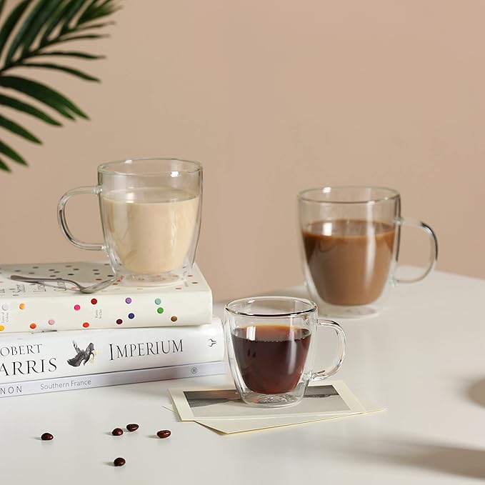 CNGLASS Double Wall Glass Coffee Mugs 12 oz,Insulated Glass Coffee Cups with Handle,Clear Espresso Mugs for Cappuccino,Latte,Tea Bags,Hot and Cold Beverages,Set of 2