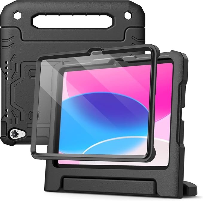 JETech Kids Case for iPad (A16) 11th/10th Gen Black | For 2025/2022 Model Built-in Screen Protector 360 Handle Stand Shockproof Kid-Friendly