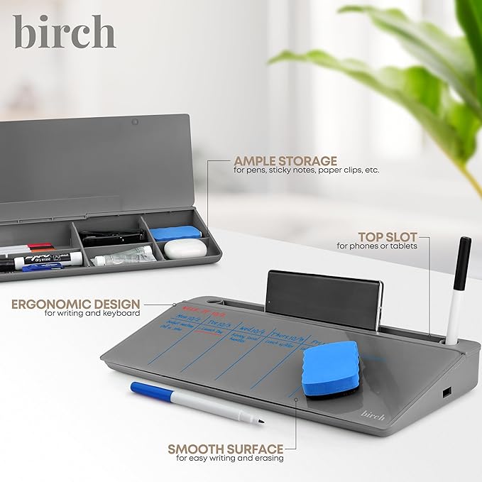 Birch Small Desktop Whiteboard – Glass Dry Erase Board Desk Pad Keyboard Stand with Storage Compartment, Adjustable Dividers, 3 Markers & Marker Holder – Perfect for Office, Home, & School (Charcoal)