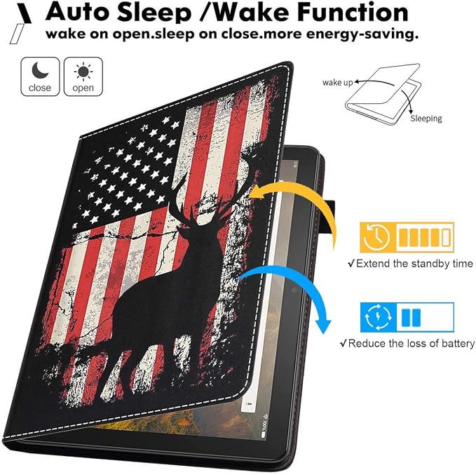 Case for Amazon Kindle Fire HD 10 &amp Fire HD 10 Plus Tablet (11th Generation 2021 Release) Premium PU Leather Stand Cover with Smart Auto Wake American Flag Deer
