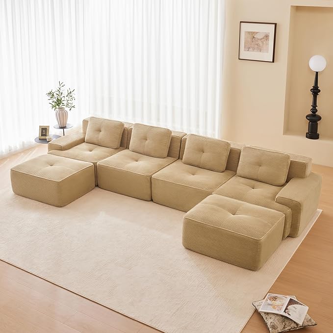 Camel Ottoman for Modular Sectional Sofa, Corduroy Deep Seat for Oversized Compressed Boneless Sectional Couches for Living Room Bedroom Apartment, Cloud Sofa Couch Set, Memory Foam, No Assembly