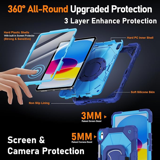 Case for iPad A16 11th/10th Generation 11/10.9 Inch 2025/2022 Dinines Full-Body Drop Protection Shockproof iPad a16 Case with Screen Protector 360° Rotating Stand Shoulder Strap Pencil Holder Black