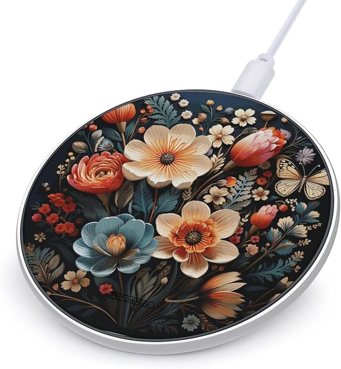 Floral Pattern Wireless Charger with USB Cable Qi-Certified 10W Fast Wireless Charging Pad Portable Charging Station Anti-Slip Slim Charger Mat for All Qi-Enabled Phones