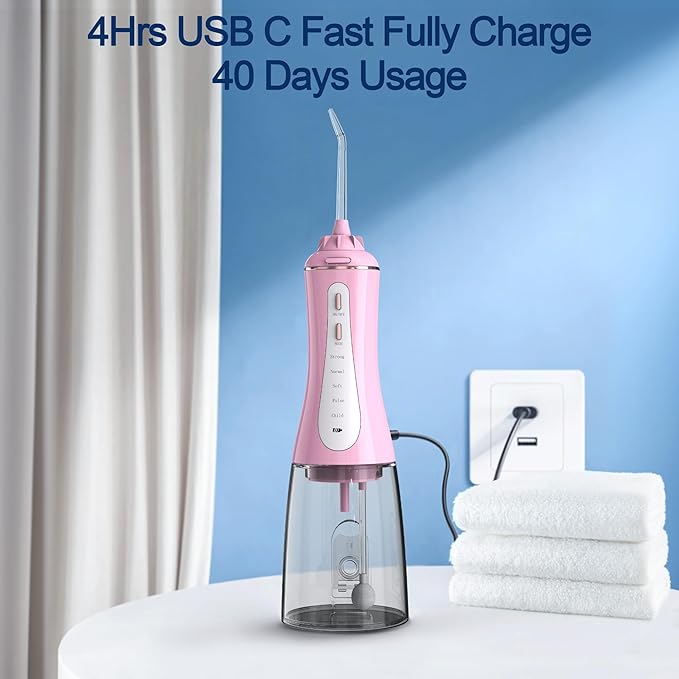 MOCEL Water Dental Flosser for Teeth - 350ML Large Tank 5 Modes & 6 Tips Cordless, Oral Irrigator Waterproof, Portable Teeth Cleaning and Flossing with Effective Plaque Remover for Adults (Pink)