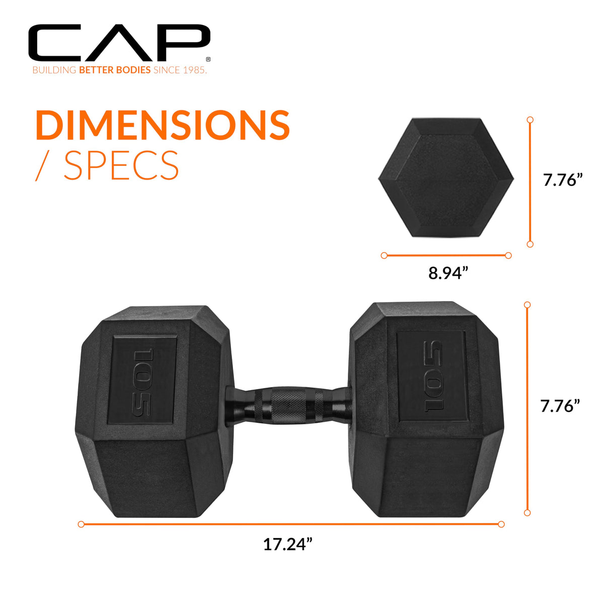 CAP 105 LB Rubber Coated Hex Dumbbell Weight, Rubber Free Weights for Home Gym Strength Training, Black Oxide Handle, Single