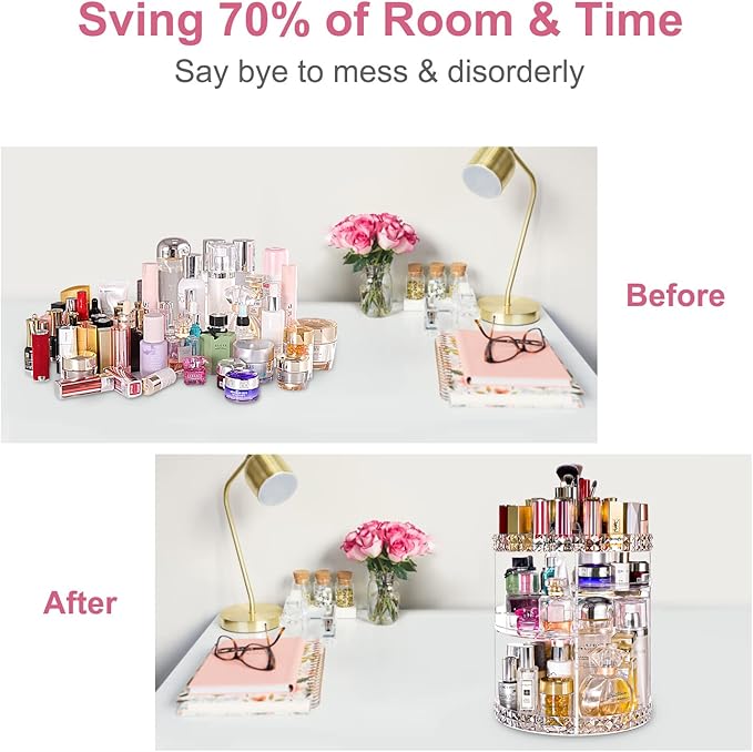 V-HANVER Makeup Organizer Combo - 360° Rotating Makeup Organizer with 7 Adjustable Layers Acrylic Skincare Organizer Large Cosmetic Display Case Clear Perfume Organizer with Makeup Lipstick Holder