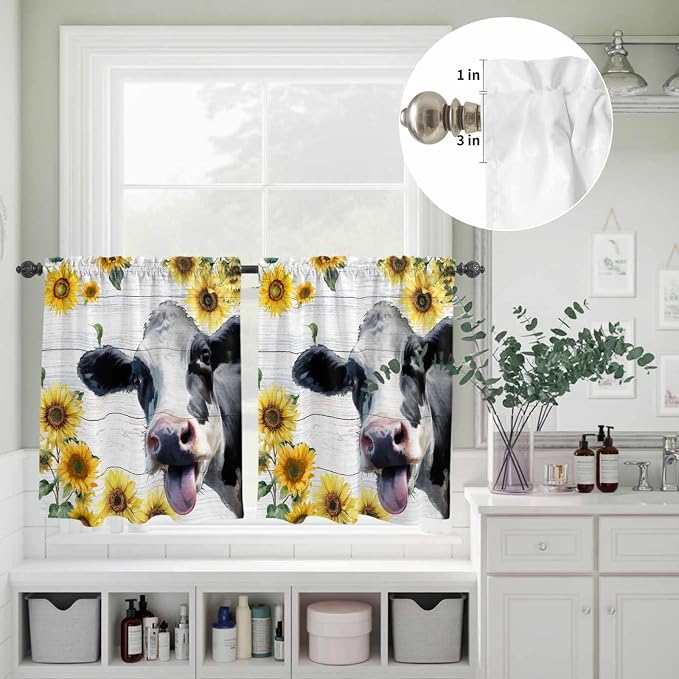 Kitchen Curtains Tiers and Valance Set of 3, Cow Sunflowers Light Filtering