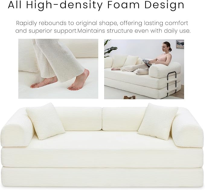 Compression Sofa - 79'' Convertible Sofa Bed, Boneless Couch in a Box, Modular Corduroy Foldable Sleeper Sofa with 2 Pillows, Loveseat Couches for Living Room (Corduroy Fabric, White)