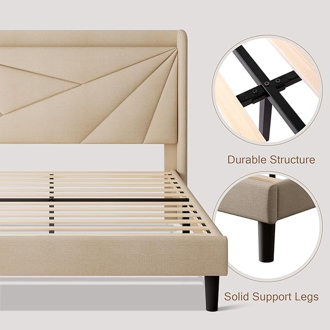 Queen Size Upholstered Bed Frame with Charging Station, Platform Bed Frame with Storage Headboard, Solid Wood Slats Support, No Box Spring Needed, Beige