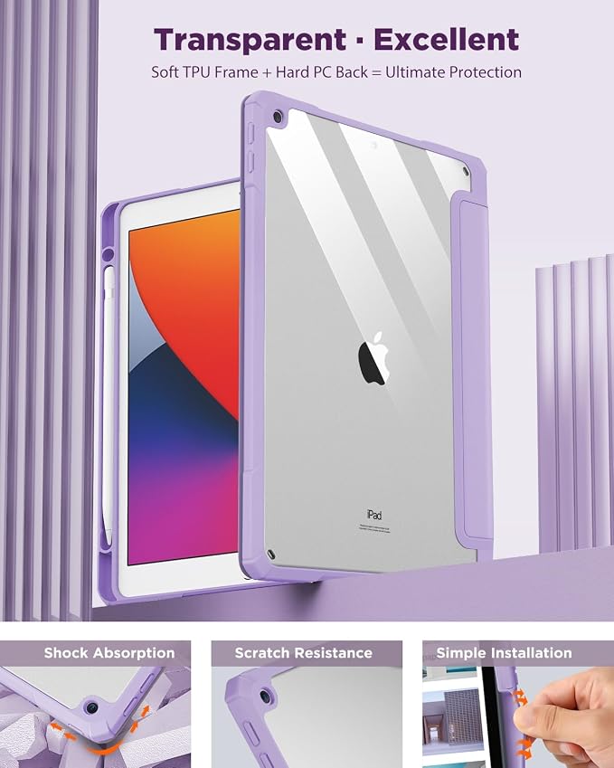 TiMOVO Case for iPad 9th/8th/7th Generation 10.2 inch Black | Pencil Holder Slim Trifold Stand Protective Cover Clear Transparent Back Shell Auto Wake/Sleep