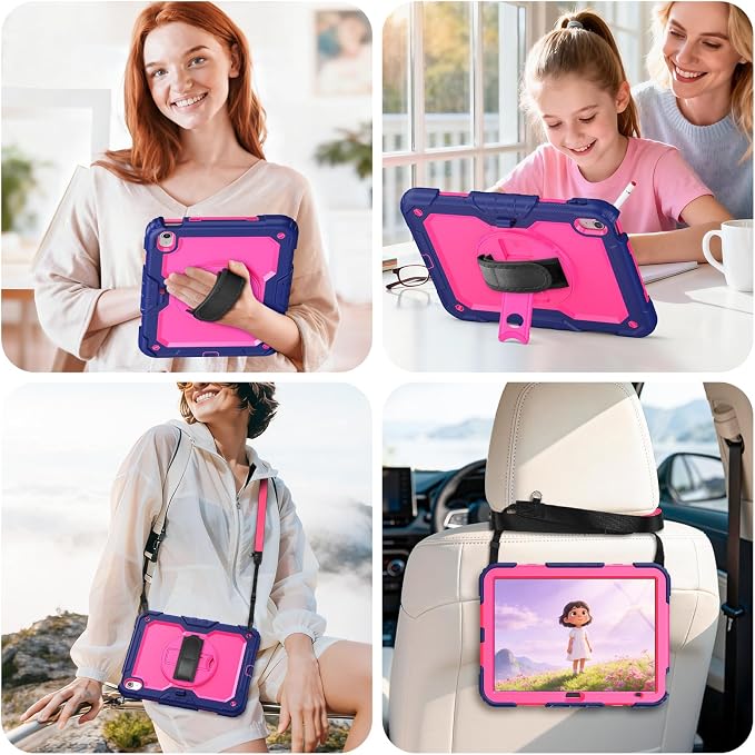 Case for iPad (A16) 11th/10th Generation 11''/10.9'' 2025/2022: Shockproof Protective Case with Hand/Shoulder Strap Pencil Holder Rotate Stand Screen Protector Black