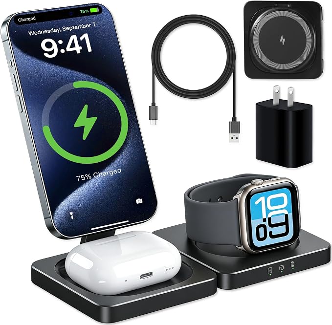 Wireless Charging Station for Apple DevicesMagnetic ChargerGray | Folding 3-in-1 Charger Stand Compatible with MagSafe for iPhone 17 -12 SeriesAirpods&ampApple Watchwith 20w Adapter.