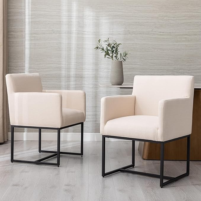 Linen Upholstered Dining Chairs with Arms Set of 6 Mid Century Modern Accent Chairs Armchairs with Black Metal Frame, Modern Kitchen & Dining Room Chairs, Cream