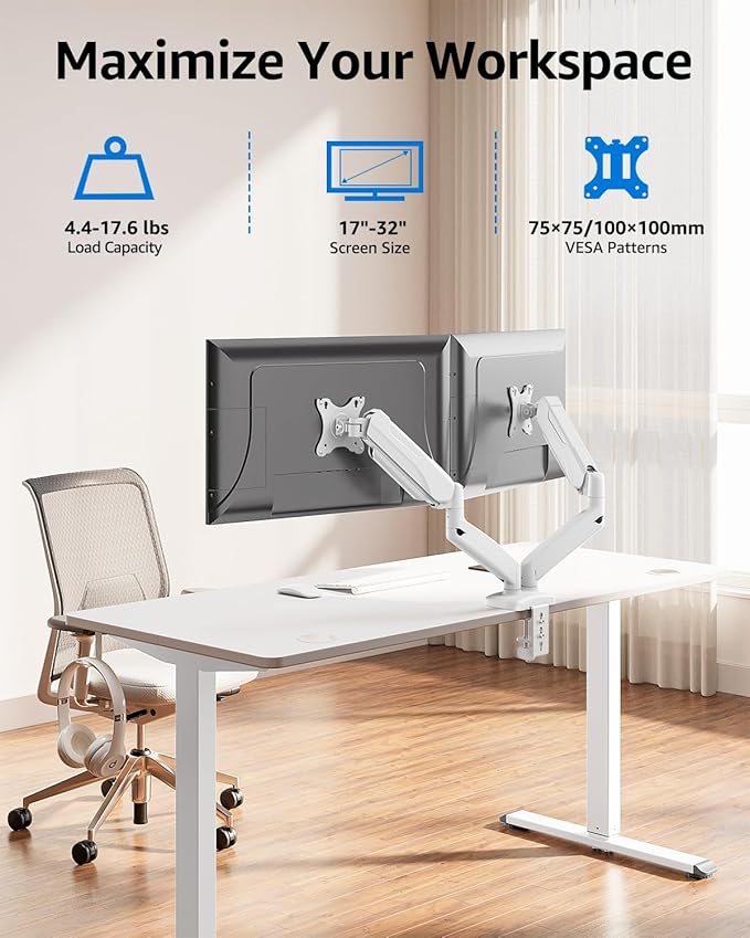 MOUNTUP Dual Monitor Stand for Desk, Monitor Arms for 2 Monitors Max 32 Inches, Height Adjustable Double Monitor Mount, VESA Mount with C-Clamp & Grommet Base, Holds 4.4-17.6lbs, White