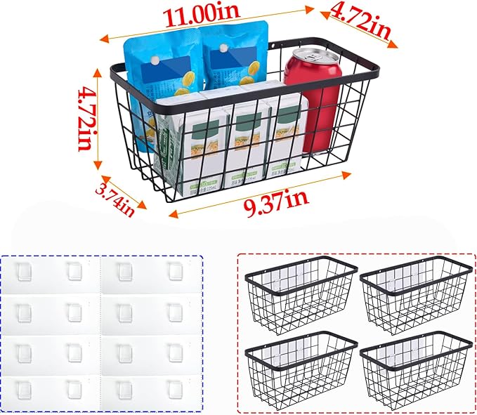 4 set Hanging Wall Basket Organizer,Over the Cabinet Door Wire Baskets for Organizing -Space-Saving Hanging Baskets for Organizing,Wall Mount Storage,No Drilling Adhesive Wall Storage Basket, Black