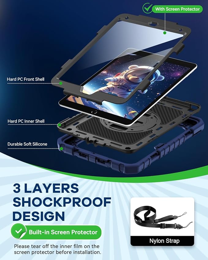 Cantis Case for iPad 9th/8th/7th Generation with Screen Protector, iPad 10.2 Case 2021/2020/2019 with 360 Degree Rotating Stand/Shoulder Strap/Pencil Holder, Navy Blue